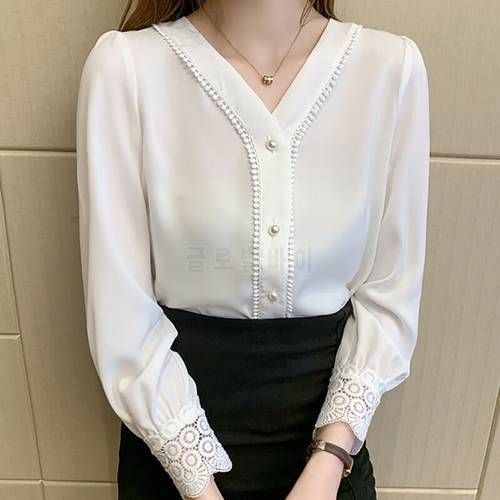 White Blouse V-Neck Lace Shirt Women Clothes Long Sleeve Button Woman Shirts Autumn Womens Tops Korean Fashion Chemisier Femme