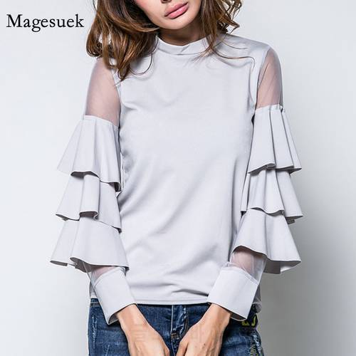 Korean O-neck Clothes Sweet Cotton Early Autumn New Cake Layer Trumpet Long Sleeve Woman&39s Blouses Mesh Woman&39s Shirts 12437