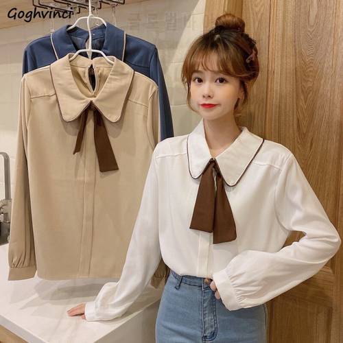 Women Shirts Autumn Stylish Bow Peter Pan Collar Kawaii Students Korean Style Breathable Elegant Trendy Streetswear Cute