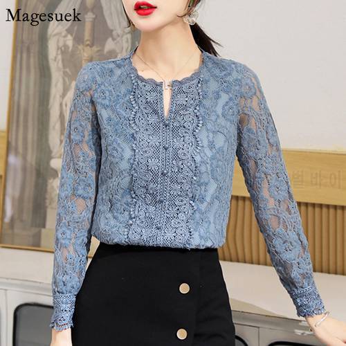 Elegant Embroidery Lace Blouse Women Floral Long Sleeve Slim Pullover Shirt Woman Fashion Vintage Blouses Women Clothing 10357