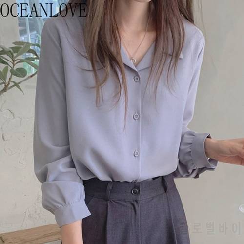OCEANLOVE Office Ladies Shirts Workwear Solid Elegant Notched Collar Blouse Women Tops Korean Single Breasted Blusas 19786