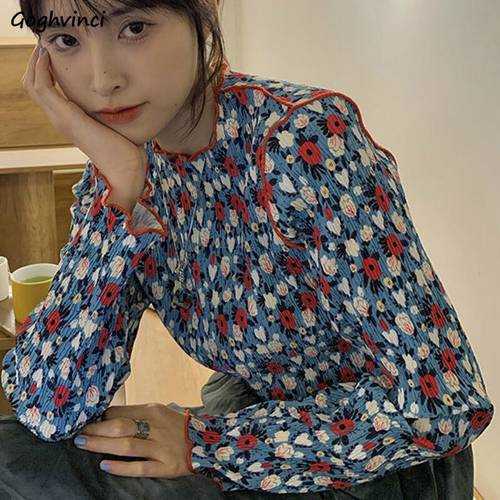 Shirts Women Retro Floral Ruched Korean Style Long Sleeve Basic Streetwear Ins Leisure Fashion Girls Vintage New Arrival Tops
