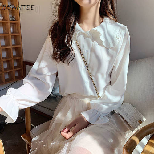 Shirts Women Peter Pan Collar Solid Simple All-match Elegant Fresh Lovely Womens New Autumn Blouses Flare Sleeve Fashion Tops