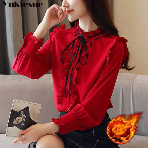 2022 winter warm thick women clothing long sleeve bow tie women shirts Korean chiffon blouse shirt women blouse clothes