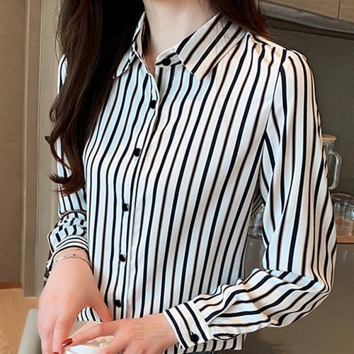 Blouse Women Blusas Mujer De Moda 2022 Turn Down Collar Striped Office Blouse Women Tops Long Sleeve Chiffon Blouse Shirt B833