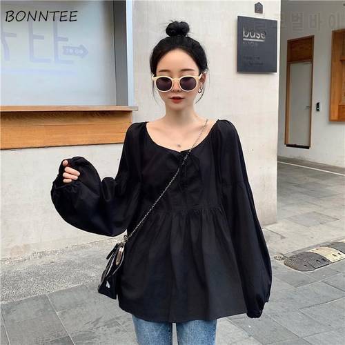 Shirts Women Loose Puff Sleeve O-Neck Solid Korean Style Autumn Female Blouses Fashion Leisure All-match Streetwear Popular Chic