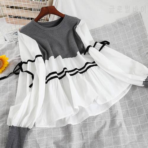 Nomikuma Knitted Patchwork Women Blouse Korean Hit Color Stripe Causal Doll Shirt Bow Tie Puff Long Sleeve Pullover Tops 6E177