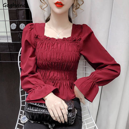 Women Blouses Pleated Front Solid Flare Sleeve Square Collar Harajuku Retro Elegant Korean Style Fashion Fit Female Tops Simple