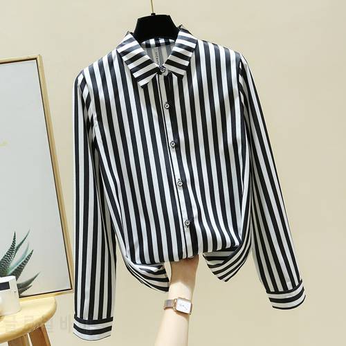 Long Sleeve Black White Striped Chiffon Blouse Shirt Blouse Women 2022 Turn Down Collar Office Blouse Women Clothing Blusa E37