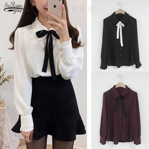 Loose Woman Shirt 2021 Autumn Long Sleeve Plus Size Korean Tops Office Lady Clothes Chic Chiffon Blouse 9820