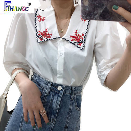 South Korea Cute Sweet Embroidery Tops Hot Sales Women Flhjlwoc Preppy Style Date Girls Vintage Black White Shirts Blouse 4518