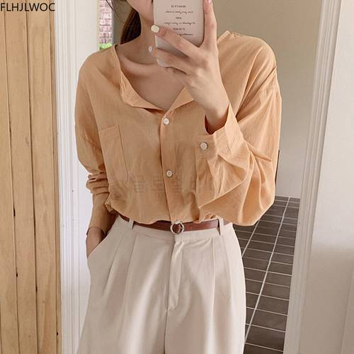 Chic Korean Tops Basic Long Sleeve Single-Breasted Button Shirts Blouses Elegant Office Lady Solid Women Top