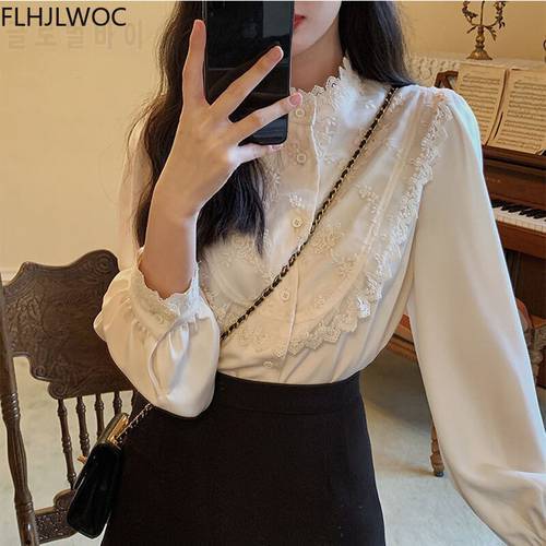 2021 Button Tops And Blouses Basic Wear Women Preppy Style Sweet Girls Retro Vintage Peter Pan Collar Single Breasted Lace Shirt