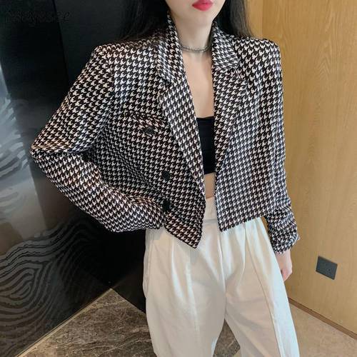 Jackets Women Basic Bird Lattice Cropped French Outwear Notched Fashion Office Lady Trendy New Arrival Autumn Quality Vintage