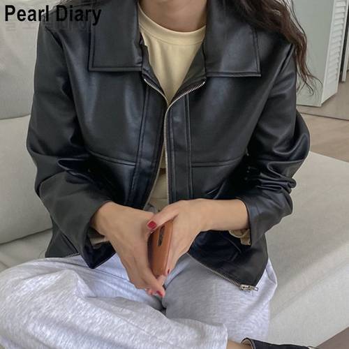 Korean Fashion Faux Leather Jacket Ladies Autumn Winter 2021 Long Sleeve Turn Down Collar Streetwear Zipper PU Coat Women