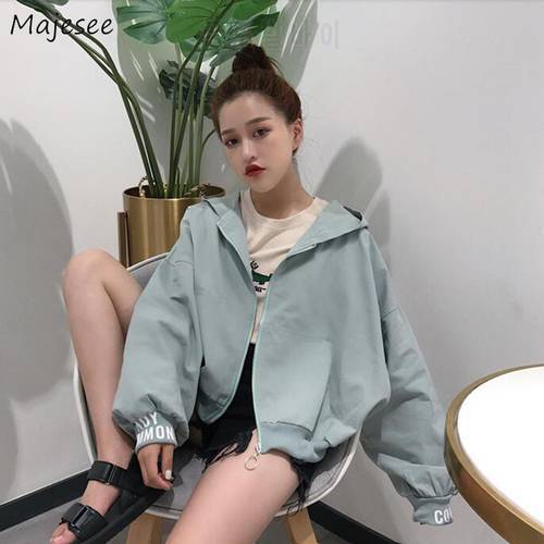Jackets Women Letter Printed All-match Hooded Zipper Pockets Korean Style Loose Student Simple Harajuku Coat Womens Causal Chic