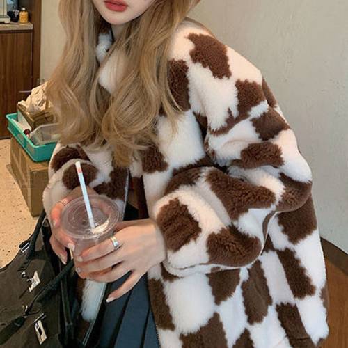 Women Faux Fur Teddy Basic Jackets Plaid Checkerboard Outerwear Coats Female Overcoat Winter Coat Womens Fashion Vintage