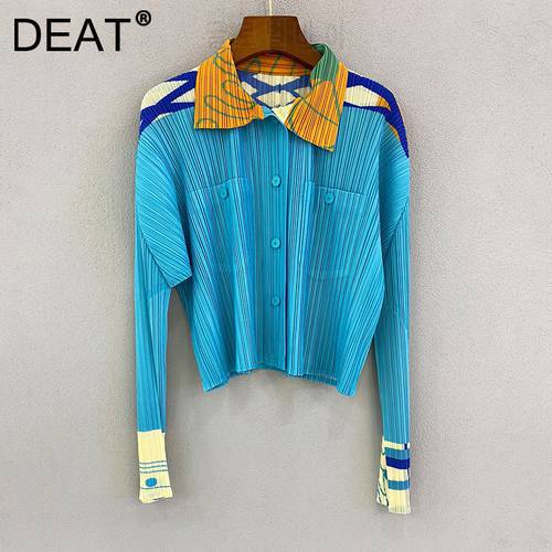 DEAT Women Pleated Jackets Blue Hit Color Pockets Lapel Long Sleeve Loose Thin Coat Casual Style 2023 Autumn Fashion 15JK063