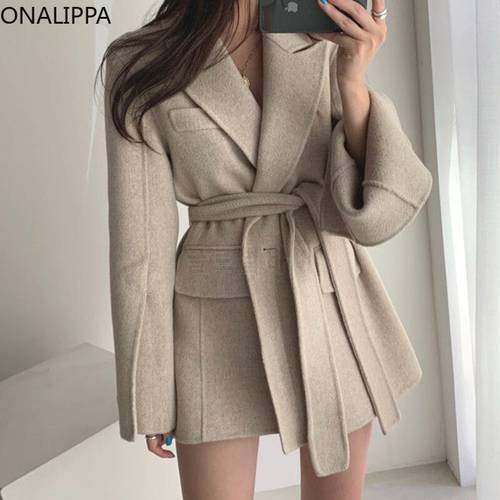 ONALIPPA Winter Female Woolen Coat French Retro Temperament Suit Collar One Buckle Tie Waist Slit Long-Sleeved Warm Jacket