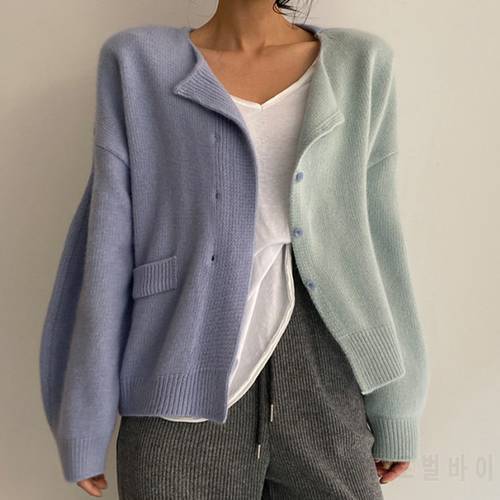 Korean Women Stitching Color Long Sleeve Sweater Coat Loose Female Knitwear Casual Knitted Outerwear Ladies Cardigans Vintage