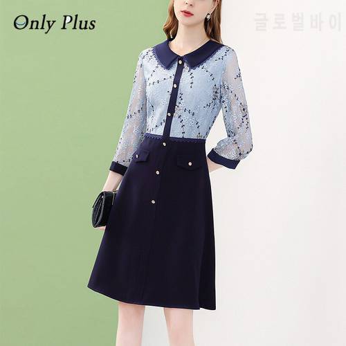 EVNISI Navy Blue Fake Two-piece Lace Dresses Floral Peter Pan Collar A-line Button Up Dresses Sweet Office Lady Vestidos