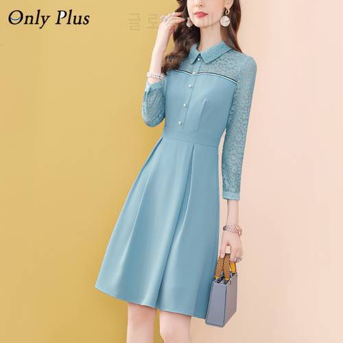 EVNISI Vintage Blue Slim Patchwork Lace Design Dresses Button Up Hollow Out Wrist Sleeve Dress For Women Spring Elegant Robe