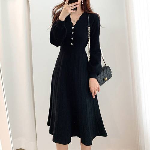 Vintage Korean High Waist Solid Color Simplicity Dress V-neck Long Sleeve Elegant Dresses for Women Black Knitting Dress Clothes