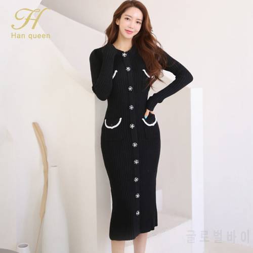H Han Queen Winter Elastic Diamond Button Knit Sweater Dresses Bottoming Simple Pocket Bodycon Sheath knitted Pencil Dress