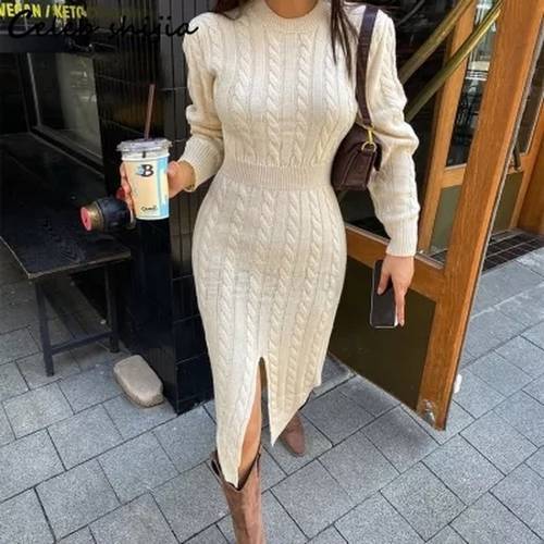 New Apricot Sweater Dress Bodycon Woman Fall 2022 Long-sleeve Slim Waist Knitted Vestido Korean Fashion Striped Elegant Knitwear