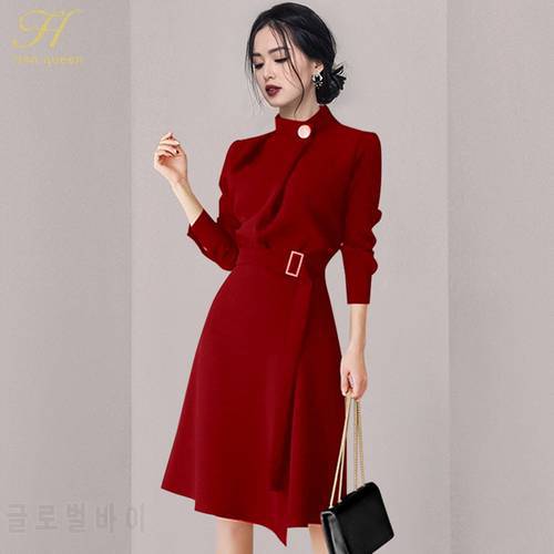 H Han Queen New Work Wear Red Winter Vestidos Korean Slim Vintage Dresses Fashion Long Sleeve Business Casual Party Dress 2021