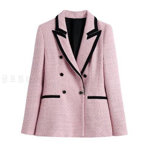High Quality Jacket Women Office Woolen Blazer 2022 New Winter Fashion Double Breasted Elegant All-match Female Suit Pink