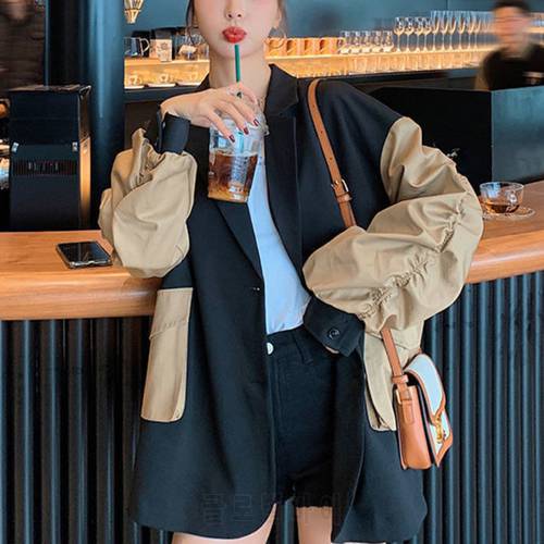 [EWQ] Korea Chic Casual Trend Women Lapel Contrast Color Stitching Loose Fashion Pocket Long-sleeved Blazer Autumn 2023 16E1333