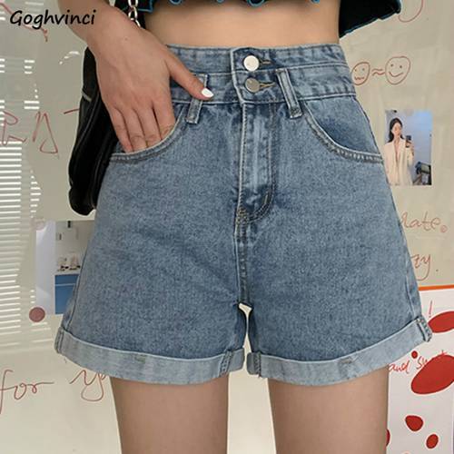 Shorts Women Flanging Double Button High-waist Straight Loose Simple Solid Denim Short Trousers Girl Casual Stylish Korean-style