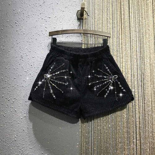 Autumn Winter Sequins Beaded Corduroy Shorts Ladies Fashion Casual Women New Embroidery Hot Drilling Elastic Waist Short Pants