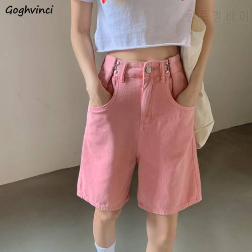 Pink Denim Shorts Women Multi-pockets High Waist Wide-leg Slim Students Harajuku Hipsters Leisure Knee-length Bottoms Loose Chic