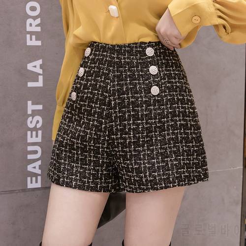 Double Buttons Tweed Shorts Women High Waist Zipper Korean Vintage Autumn Winter Wool Shorts Office Wide Leg Short Pants X575