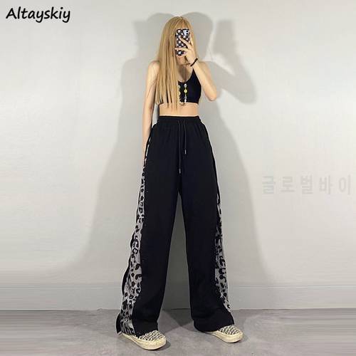 Casual Pants Women Patchwork Ladies Full Length Cool Streetwear High Waisted Korean Style Wide Leg Trousers Students Girlfriend