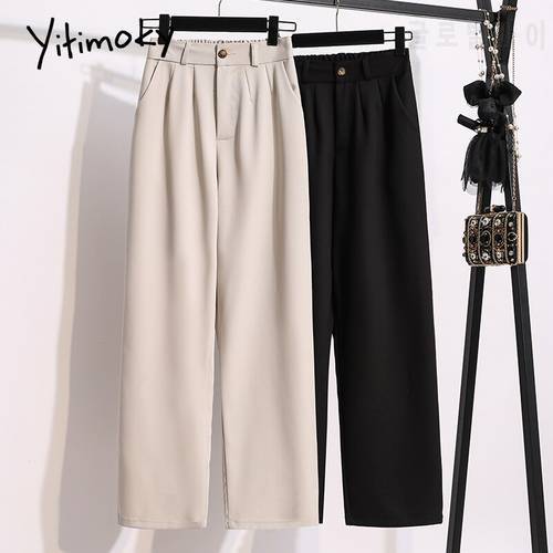 Yitimoky 2022 Suits Pants for Women High Waist Back Elastic Band Office Lady Casual Black Beige Wide Leg Straight Work Trousers
