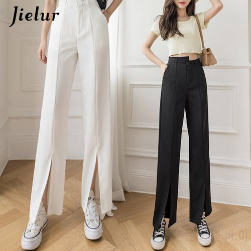 Jielur Irregular High Waist Split Suit Pants for Women Straight Loose Casual Black Pant Femme Pocket White Trousers Women S-XL