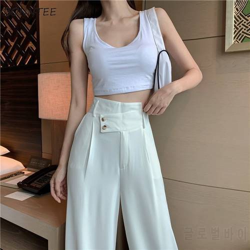 Wide-leg Pants Women Casual All-match Vintage Soft Office Lady High Waisted Trousers Popular Femme Bottom Korean Style College