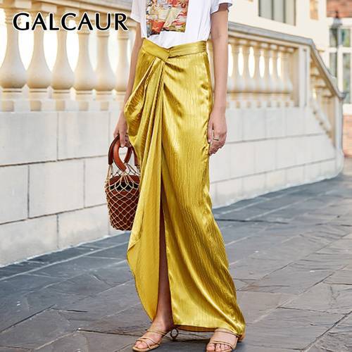 GALCAUR Golden Casual Skirt For Women High Waist Fron Split Ruched Loose Elegant Vintage Skirt Female 2020 Fashion New Clothing