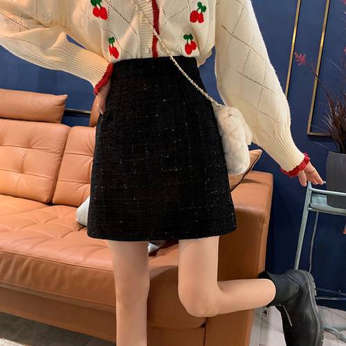 Vintage Plaid Tweed Skirts Women High Waist Zipper Mini Skirt Solid Slim Elegant Pencil Skirt Shorts Warp A-Line Woolen M233