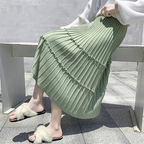 Thick Knit Skirt Women&39S Autumn Winter Wild Mid-Length Ruffle Pleated Skirt 2021 Korean Fenale High Waist Solid Color Wool Skirt