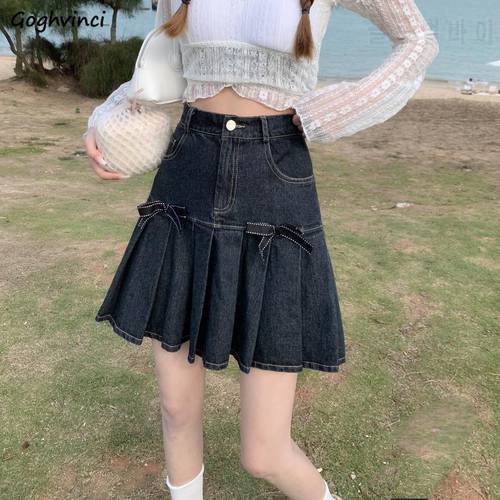 Mini Skirts Women Pleated Fashion Casual Harajuku All-match Denim Female Korean Style Hot Sale Bow Solid Creativity Simple Girls