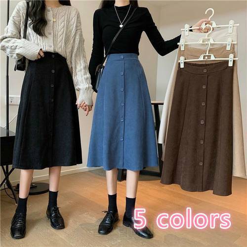 Women Skirts Mid-calf Solid A-line Elastic Waist Elegant Office Lady Ulzzang Simple Slim Trendy Casual Loose Females Autumn Chic