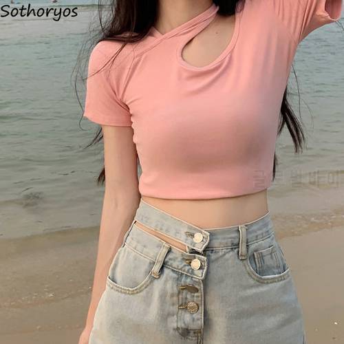 Women Short Sleeve T-shirts Solid Crop Tops Hot Cool Hollow Out Design Fashion Slim Chic Teens Bm Streetwear All-match Sweet New