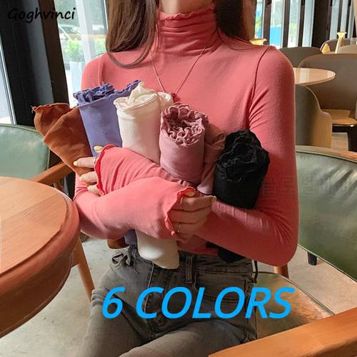 Women Long Sleeved T-shirts 6 Colors Solid Sweet Turtleneck Fungus Spring Thin Skinny Elegant Tops Female Ins Stylish Undershirt