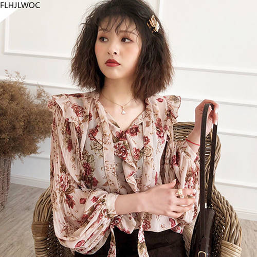 2022 Autumn Long Sleeve Floral Print Retro Vintage Bow Tie Top Cute Ruffled Harajuku Shirts Blouses