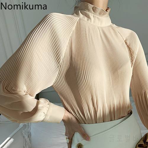 Nomikuma Korean Pleated Perspective Blouse Shirts Casual Ruffle Stand Neck Blusas Elegant Lantern Long Sleeve Pullover Top 6D763