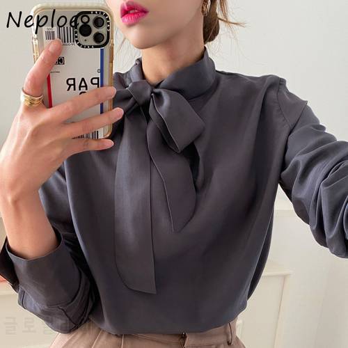 Neploe Chic Stand Collar Bow Drawstring Design Shirts Casual Loose Solid Color Femme Blusas Elegant All-match Women Blouse